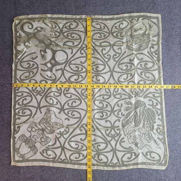Vintage New Zealand Aotearoa Maori Art Yellow Sheer Chiffon Square Scarf 26x26 - Picture 3 of 7